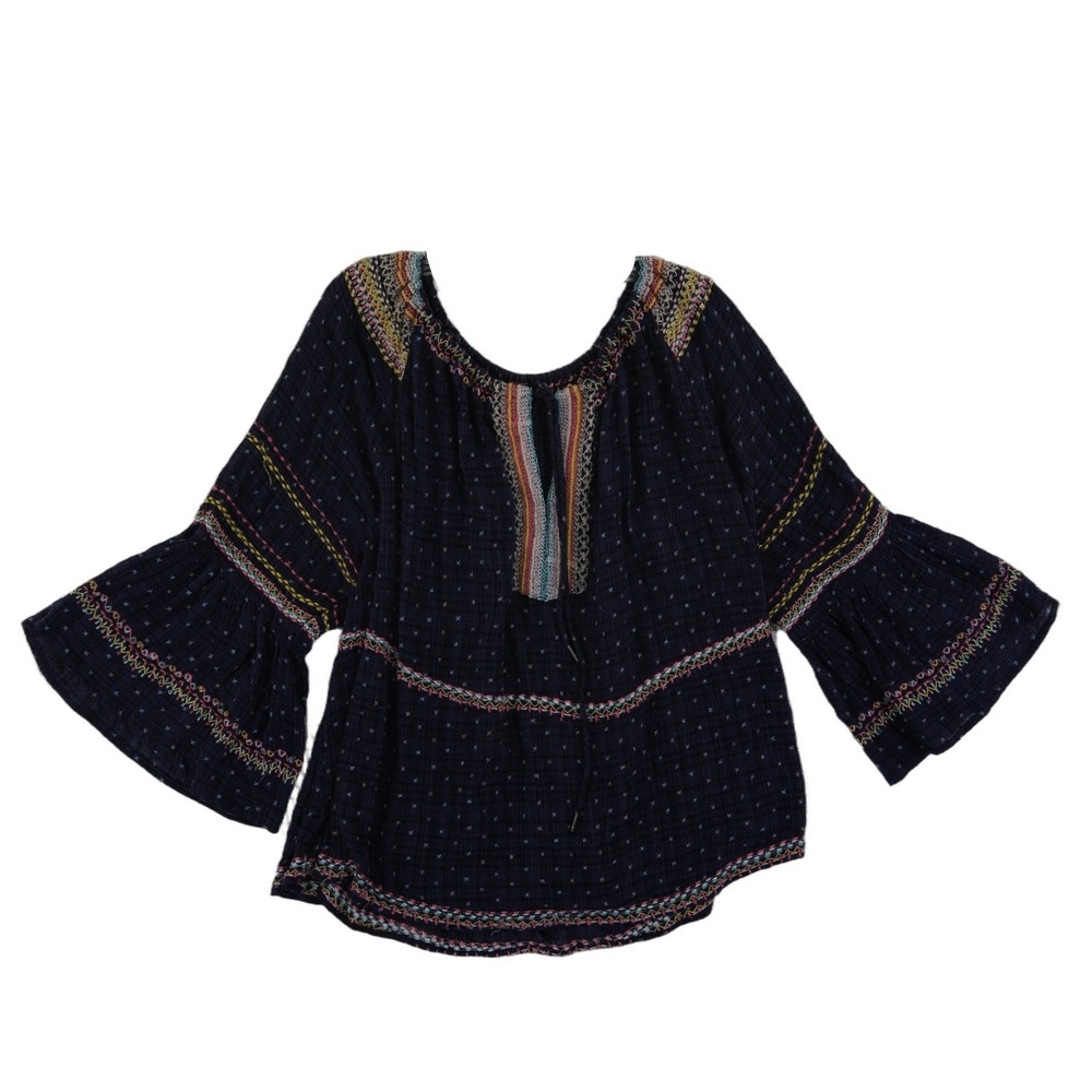 Free People Peasant Blouse Top Women's Size Medium Navy Embroidered Bell Sleeve